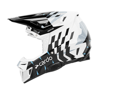 A full-face motocross helmet in white, black, and gray with light blue accents, featuring the 'cardo' brand logo on the chin bar, shown against a solid white background.