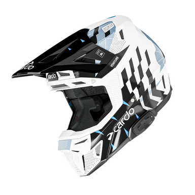 A white, black, and light blue full-face motocross helmet shown from a three-quarters angle on a solid white background. The brand 'cardo' is clearly visible on the lower side of the helmet.