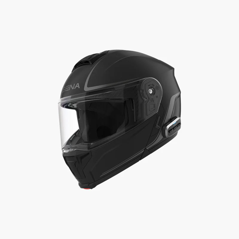 blacked out motorcycle helmet with bluetooth Sena Outrush 2 Mesh Modular Helmet Gloss White Large