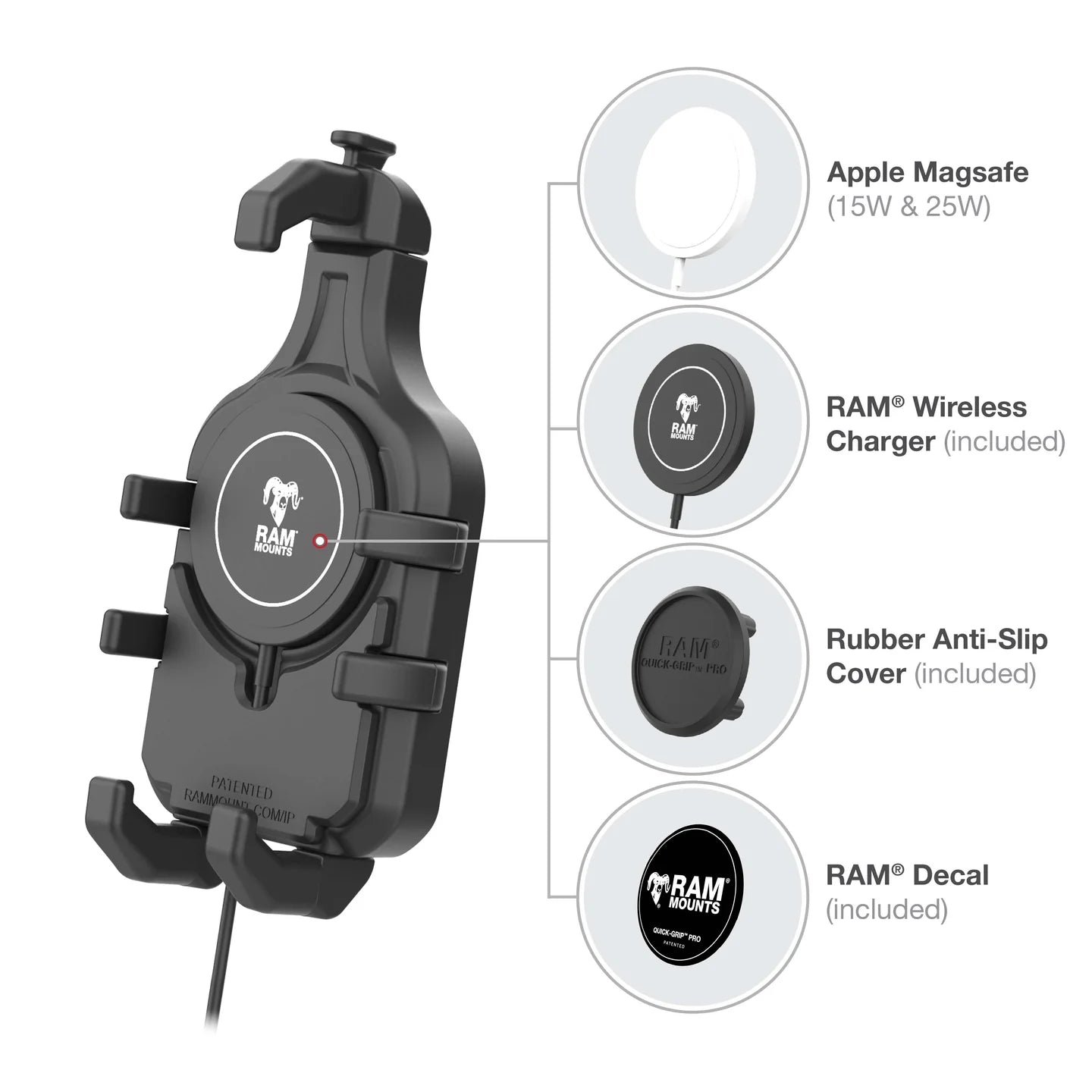 Ram Mount Quick-Grip Pro Phone Handlebar Mount with Qi2 15W Wireless Charger